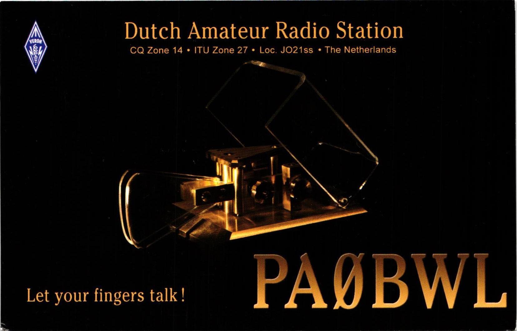PA0BWL QSL card front: brass straight key on black background, VERON logo, CQ Zone 14, ITU Zone 27, Loc. JO21ss, The Netherlands
